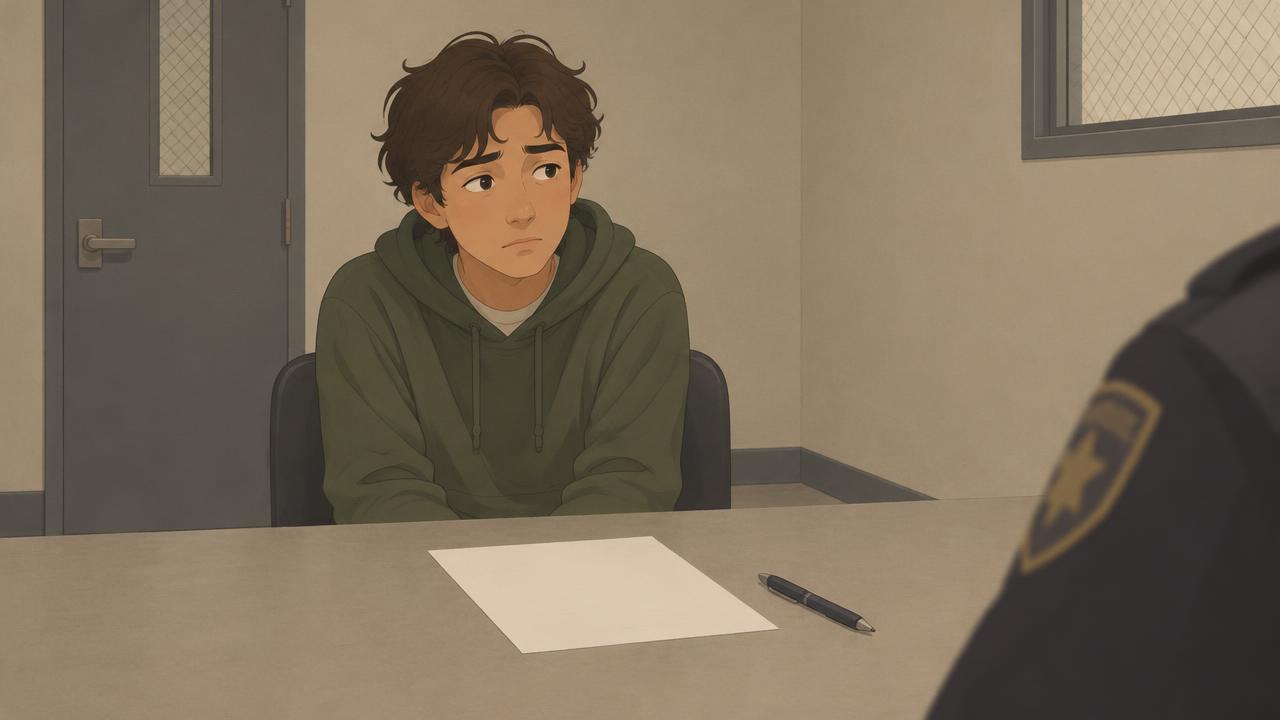 a teenager sitting at a bare table in a small room, a sheet of paper and a pen in front of them